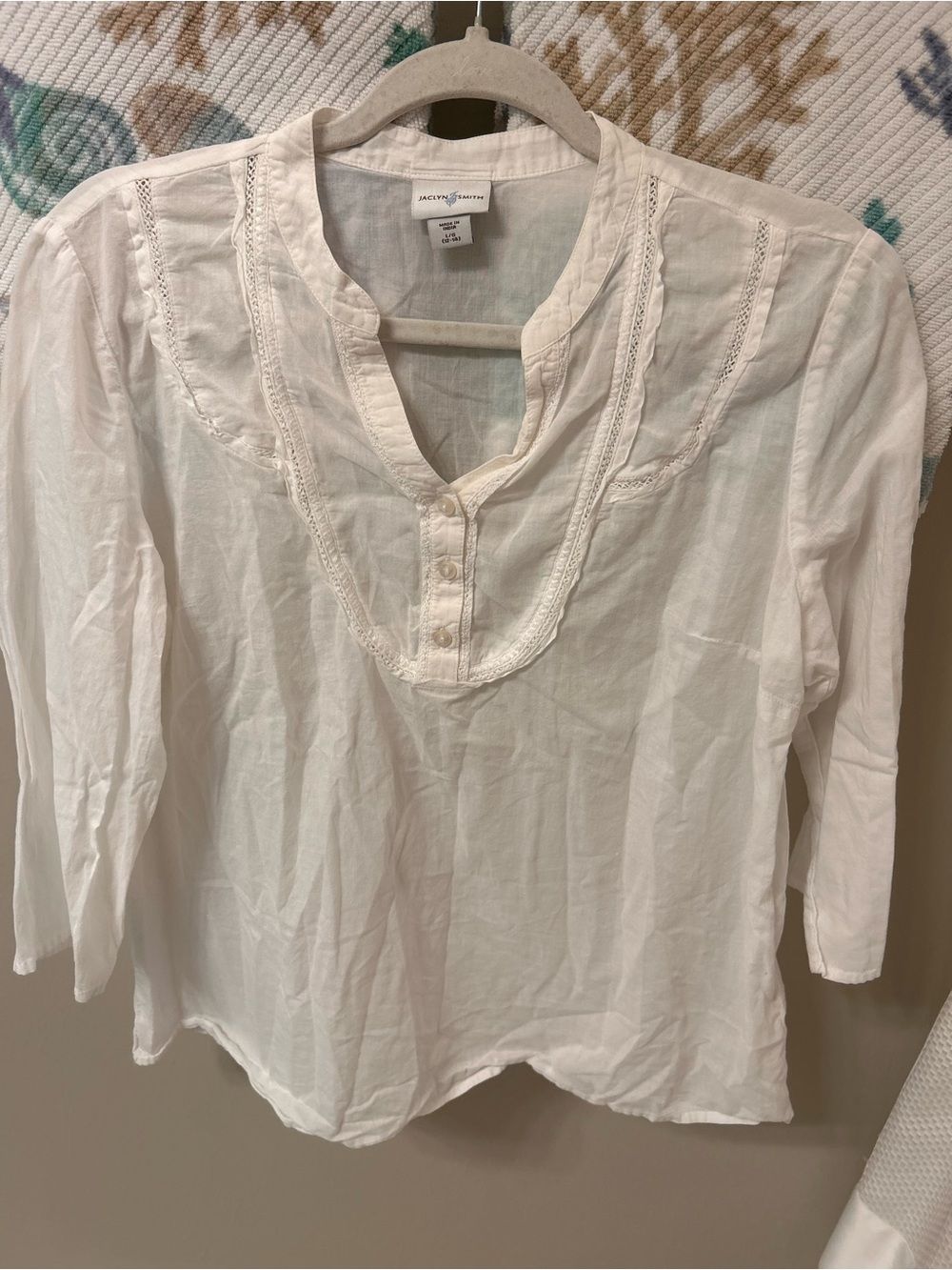 Jaclyn Smith White Cotton Peasant Blouse Cottagecore Boho Y2K Lace Trim Top L